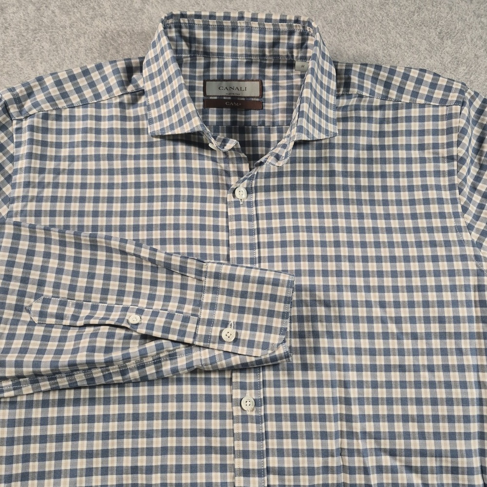 Canali Care Shirt Mens Medium Blue Plaid Button Down Long Sleeve Italy